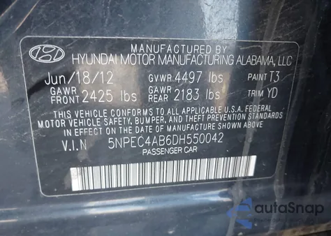 2013 Hyundai Sonata Limited 2.0T из США, поврежденный, VIN 5NPEC4AB6DH550042